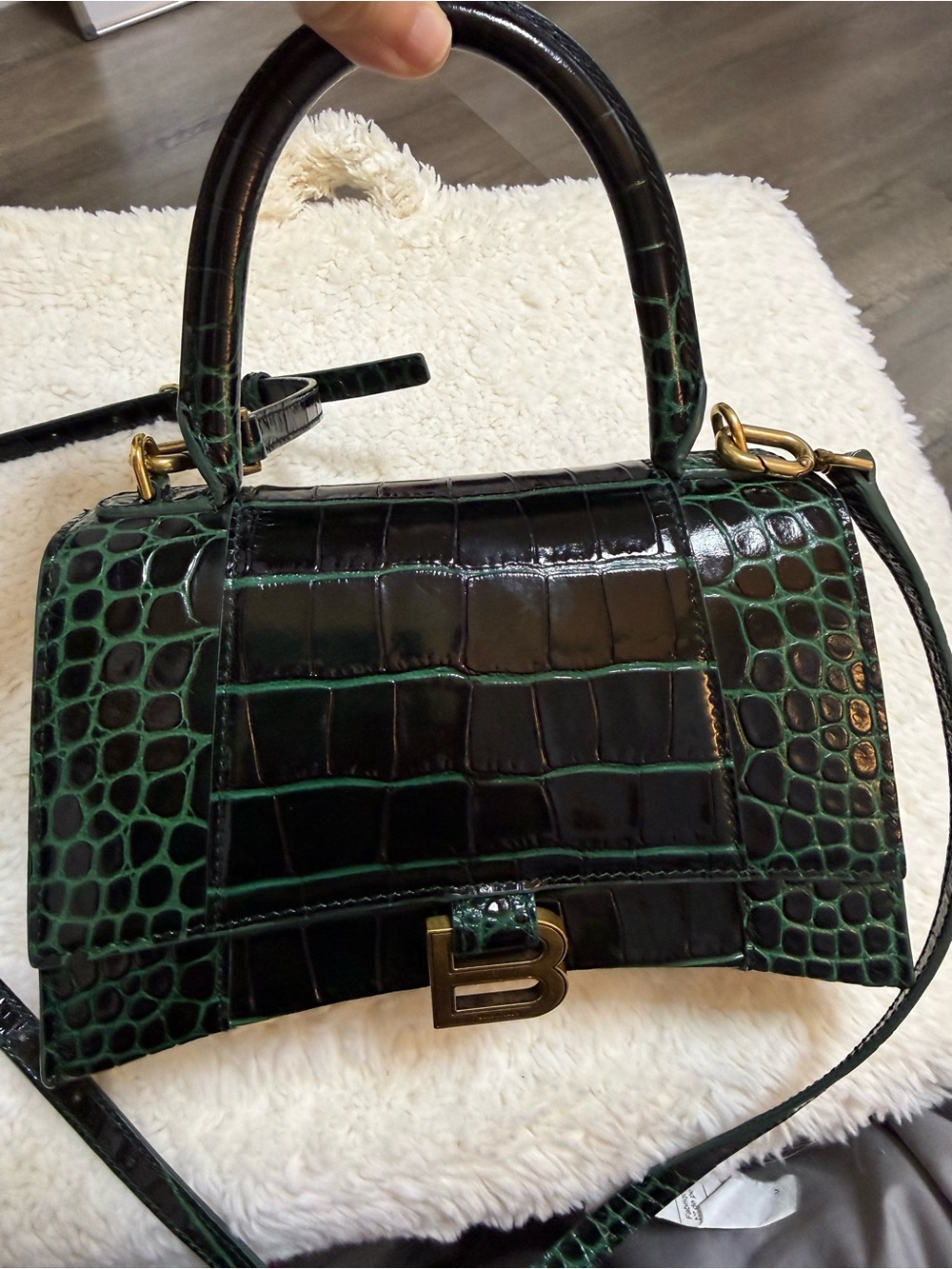 Balenciaga Hourglass Mini Top Handle Bag in Dark Green Croc Embossed - Picture 2 of 5